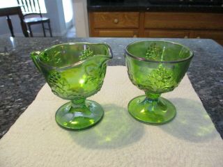 Vintage Indiana Iridescent Green Carnival Glass Open Sugar Bowl & Creamer