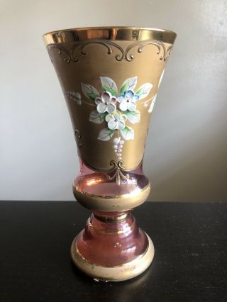 Fine Vintage Antique Moser Art Glass Vase Enameled Flowers Gilt Gold Rim Pretty
