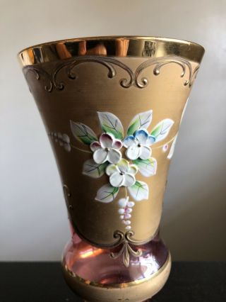 Fine Vintage Antique Moser Art Glass Vase Enameled Flowers Gilt Gold Rim PRETTY 2