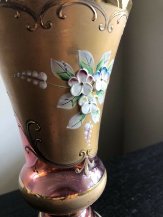 Fine Vintage Antique Moser Art Glass Vase Enameled Flowers Gilt Gold Rim PRETTY 3