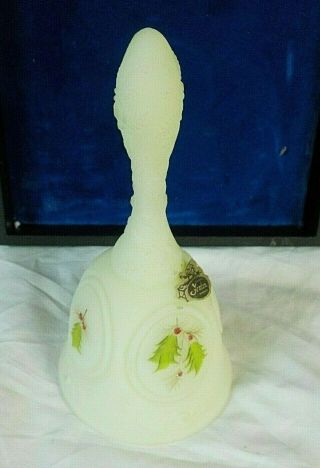 Vintage Fenton Hand Painted Satin Green Glass Bell Christmas Design Signed