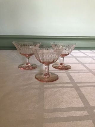 Set Of 3 Vintage Pink Depression Etched Glass Stemware Cocktail/sherbet Glasses