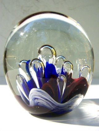 Vintage Art Glass Paperweight Cobalt Blue White Brown Ocean Bed & Lg.  Bubbles