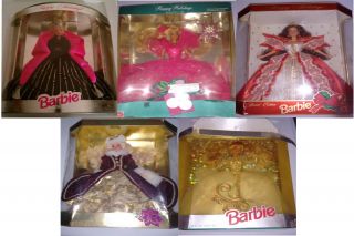 5 Happy Holidays Barbie Doll Special Edition Damage 1997 1992 1998 1996 1990