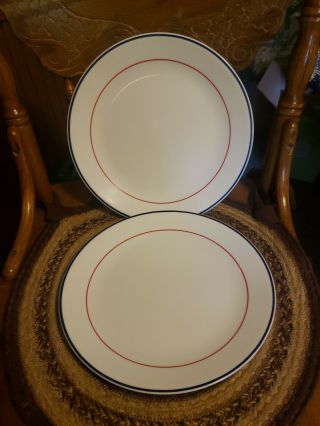 Corning Corelle Plymouth Blue Red Band Stripe Set Of (2) 10 1/4 " Dinner Plates