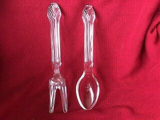 Vintage Crystal Glass 10 " Serving Fork And Spoon Salad Set - In Ex.  Cond