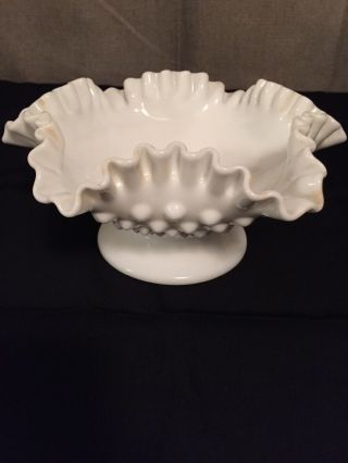 Vintage Large Fenton White Hobnail Milk Glass Pedestal Ruffle Bowl