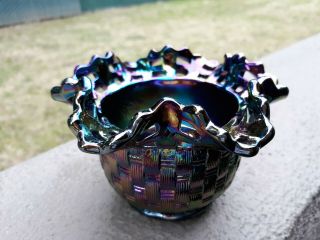 Vintage Fenton Iridescent Amethyst Carnival Glass Ruffled Basketweave Vase