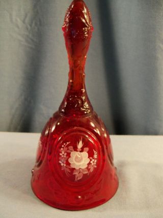 Fenton Ruby Red Glass Hand Painted Bell - White Roses 2