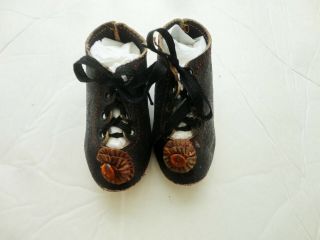 Antique Black Button Front Bisque Doll Shoes 3 1/2 " Long