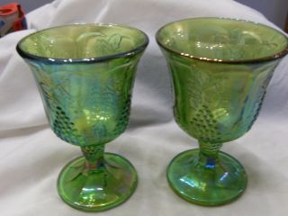 2 Vintage Green Harvest Grape Carnival Glass Goblets Gorgeous