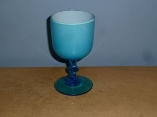 (1) Vintage Carlo Moretti Blue & White Cased Glass Short Wine Goblet,  5 " Inches