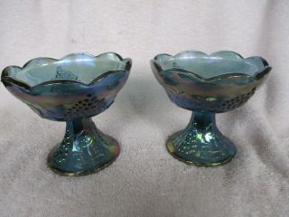 Set Of 2 Vintage " Grape Harvest " Blue Indiana Carnival Glass Candle Holders