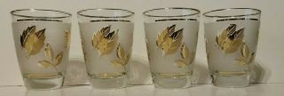 Set Of 4 Vintage Libby Frosted Gold Leaf Juice / Small Glasses