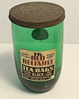 Vtg Anchor Hocking Forest Green Glass Old Reliable Tea Bags Advertisement Jar