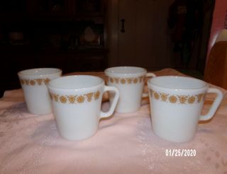 Set Of 4 Vintage Pyrex 1410 Butterfly Gold/white Coffee Mugs W/ D Handle