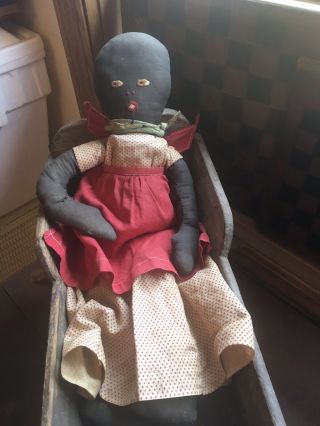 Vintage Folk Art Handmade Rag Doll Black Americana Cloth Red Apron 18 In.  Aafa