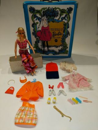 Vtg 1968 Mattel The World Of Barbie Case Blue Green No.  1002 W/ Barbie & Acc.