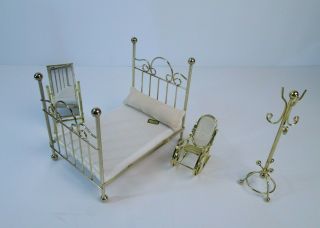 Vintage Brass Bedroom Set Bed Dollhouse 1:12 Scale Miniature Mirror Rocker