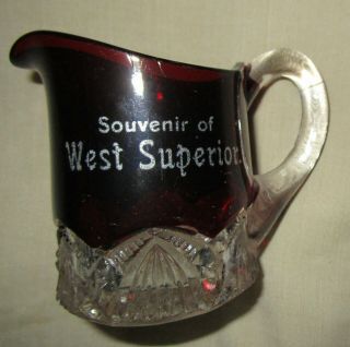 Vintage Eapg Ruby Flash Red Souvenir Small Creamer Pitcher West Superior Wisc.