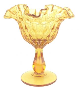 Vintage Fenton Amber Glass Ruffled Edge Pedestal Candy Dish Compote Thumbprint