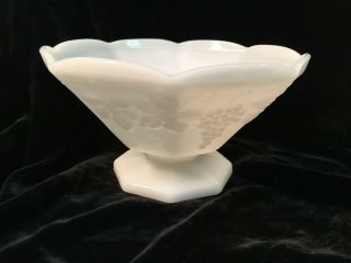Vintage White Milk Glass Pedestal Fruit Bowl Paneled Grapes