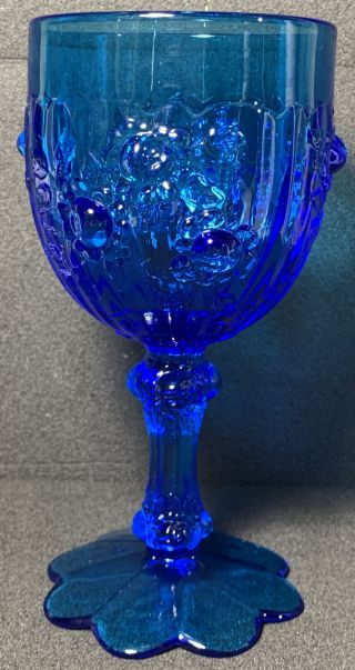 Fenton Cobalt Blue Glass Cabbage Rose Pedestal Long Stem Goblet Vintage