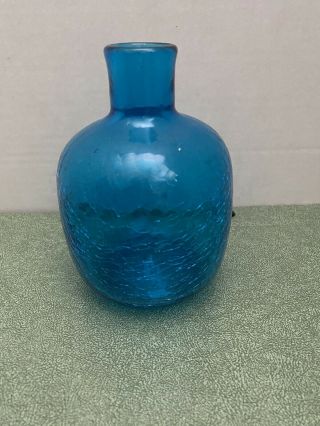 Vintage Bright Blue Crackle Glass Hand Blown Bud Vase