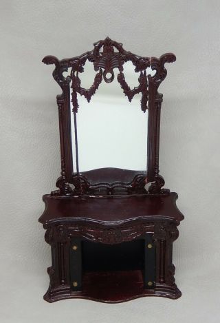 Vintage Bespaq Wooden Fireplace Mantle With Mirror Dollhouse Miniature 1:12