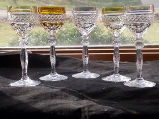 Vintage Set Of Five (5) Cut To Clear Crystal Cordials Amber,  Green And Clear