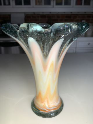Art Glass Vase Orange And Cream With Clear Top