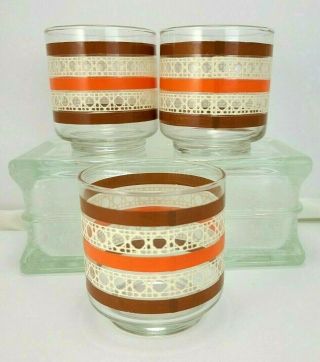 3 Vintage Libbey Glassware - Tumbler,  Juice,  Cocktail - Rattan Cane - Orange Brown