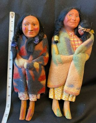 Early Skookum Indian Native American Doll 11 " W/ Papoose Blanket & 10 " Doll