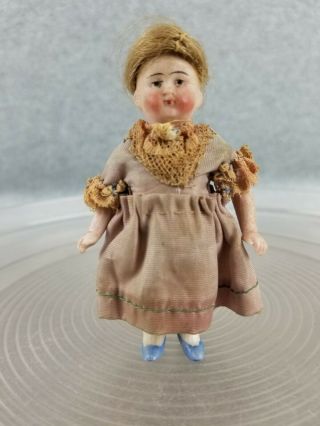 3 - 1/2 " Antique All Bisque German Miniature Dollhouse Doll W Painted Blue Shoes