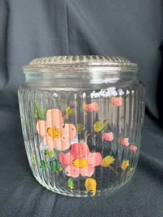 Vintage Clear Glass Ribbed Cookie Jar/canister With Decorative Pink Flowers
