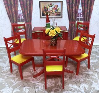 Renwal Red Dining Room Set Vintage Tin Dollhouse Furniture Ideal Plastic 1:16