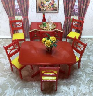 Renwal RED DINING ROOM SET Vintage Tin Dollhouse Furniture Ideal Plastic 1:16 2
