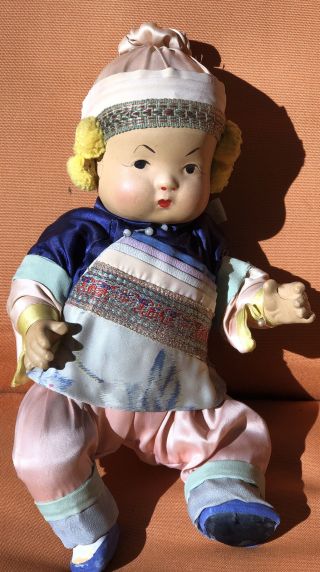 Antique Asian Baby Doll.  Rare.  All Compo Strung Silk Outfit 11”