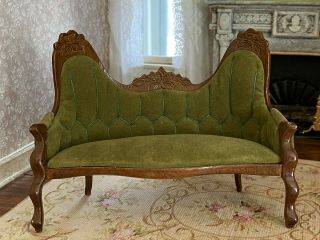 Vintage Miniature Dollhouse 1:12 Victorian Tufted Green Velvet Wood Ornate Sofa