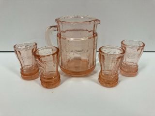 Miniature Childs Pink Depression Glass Lemonade Pitcher & 4 Glasses