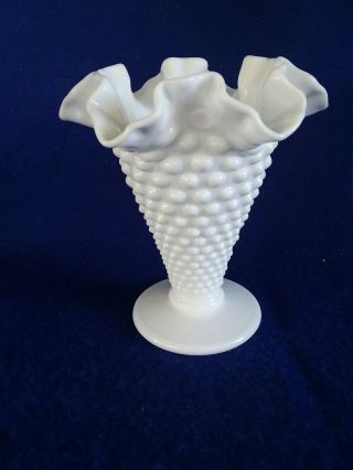 Vintage White Milk Glass Hobnail Ruffled Edges Vase