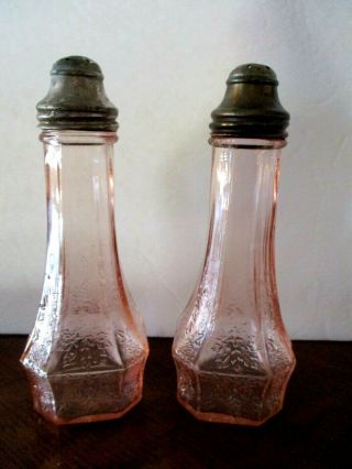 Vintage Pink Floral Poinsettia Depression Glass Tall Salt And Pepper Shakers