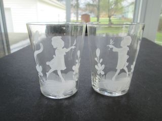 Vintage Mary Gregory Style Clear Glasses Tumblers Boy & Girl White Painted 5488