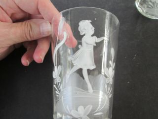 Vintage Mary Gregory Style Clear Glasses Tumblers Boy & Girl White Painted 5488 3