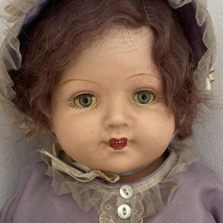 Antique Vintage 21” Composition Doll Tin Eyes,  Mohair Wig,  Teeth,  Cloth Body