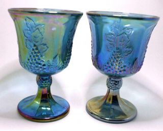 Vintage Carnival Glass 2 Pc Goblet Set Indiana Iridescent Blue 8oz