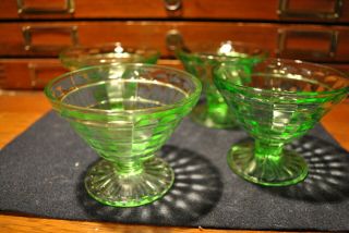 Set Of 4 Block Optic Green 3” Footed & Flared Depression Glass Sherbet Dish