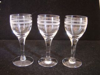 Vintage Set Of Three Stemmed Cordial Glasses With Etched Bands 3 - ½ " High