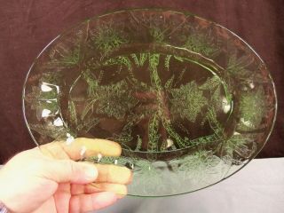 Jeannette Floral Poinsettia Green Depression Glass Oval Platter - 10 3/4 " Long