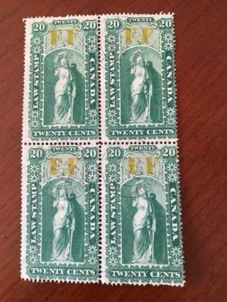 Ol18 Upper Canada,  Ontario Law Revenue Stamp,  Block Of 4 1864 20 Cents Ff